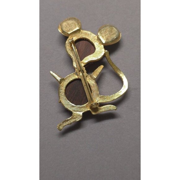 Vintage 1960's Mouse Brooch Gold Tone Wood Accents Red Rhinestone Eyes Adorable - Picture 2 of 5